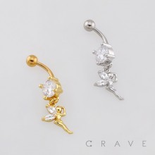DANGLE SPARKLING MARQUISE CZ FAIRY CHARM BELLY BUTTON NAVEL RING 316L SURGICAL STEEL